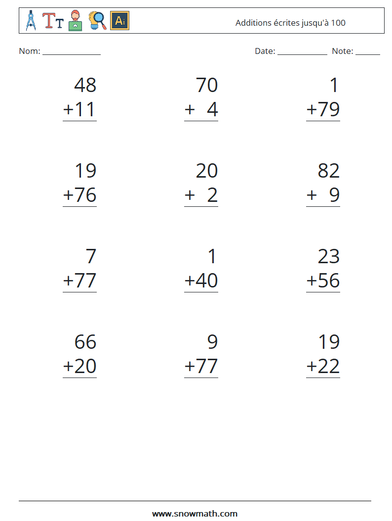 (12) Additions écrites jusqu'à 100 Fiches d'Exercices de Mathématiques 18
