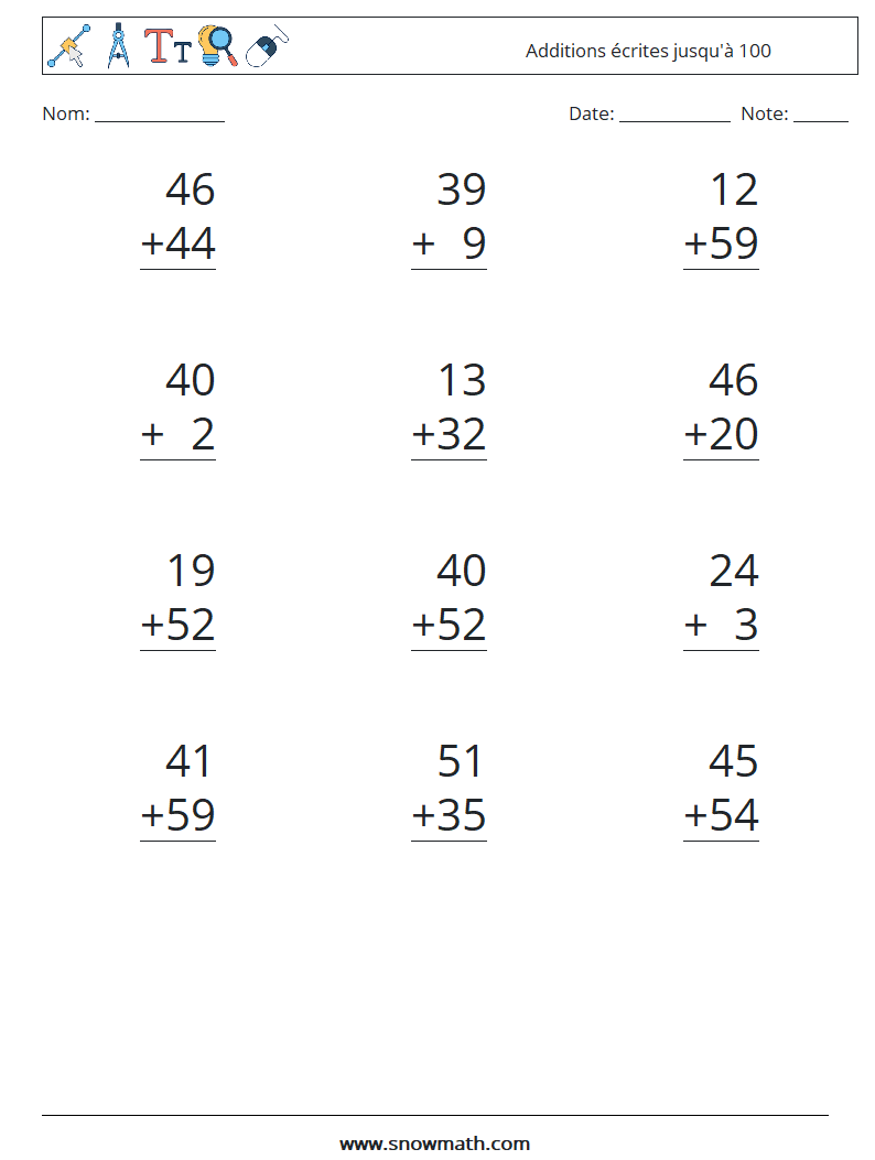 (12) Additions écrites jusqu'à 100 Fiches d'Exercices de Mathématiques 2