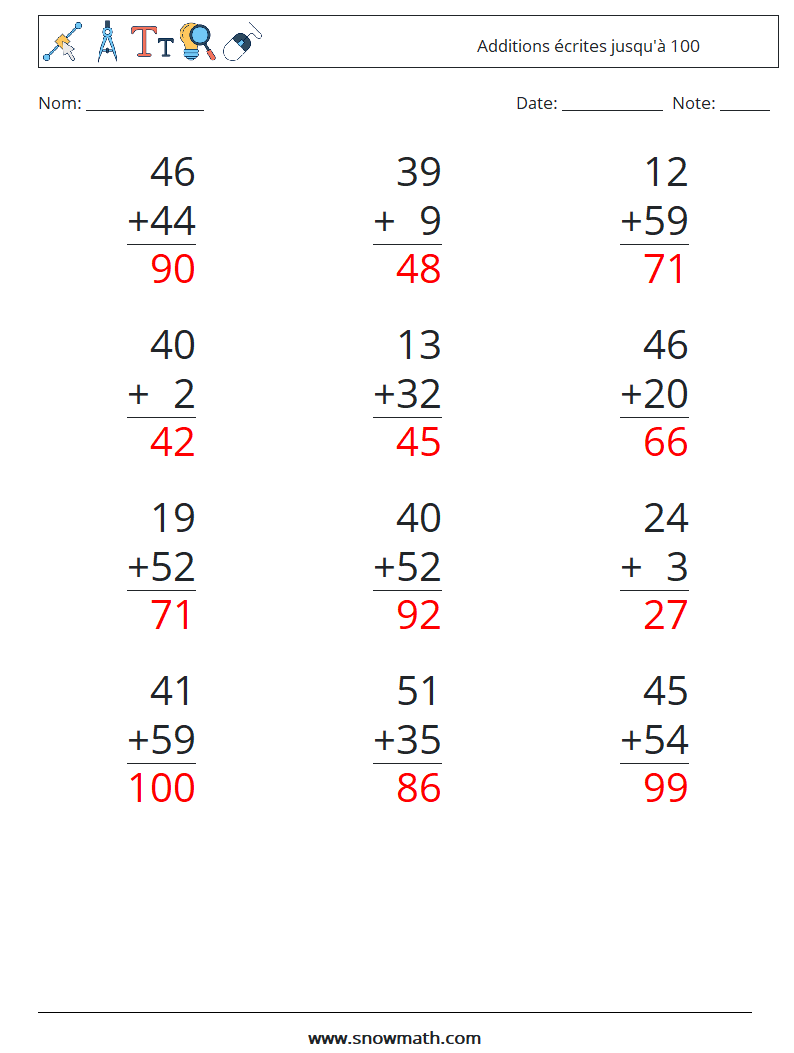 (12) Additions écrites jusqu'à 100 Fiches d'Exercices de Mathématiques 2 Question, Réponse