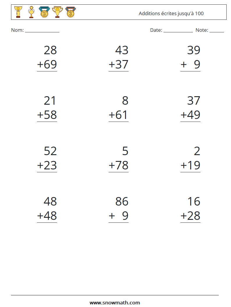 (12) Additions écrites jusqu'à 100 Fiches d'Exercices de Mathématiques 3