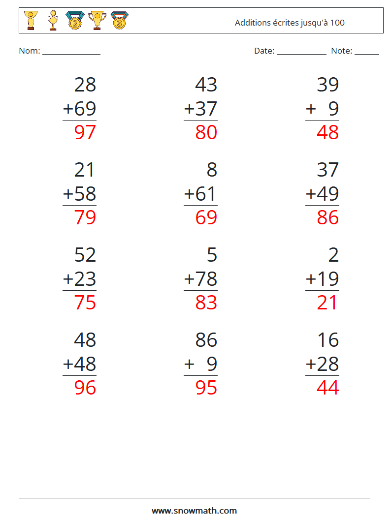 (12) Additions écrites jusqu'à 100 Fiches d'Exercices de Mathématiques 3 Question, Réponse