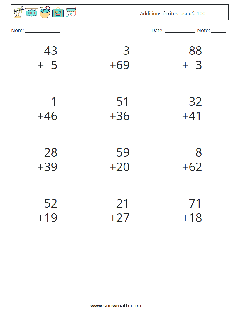 (12) Additions écrites jusqu'à 100 Fiches d'Exercices de Mathématiques 5