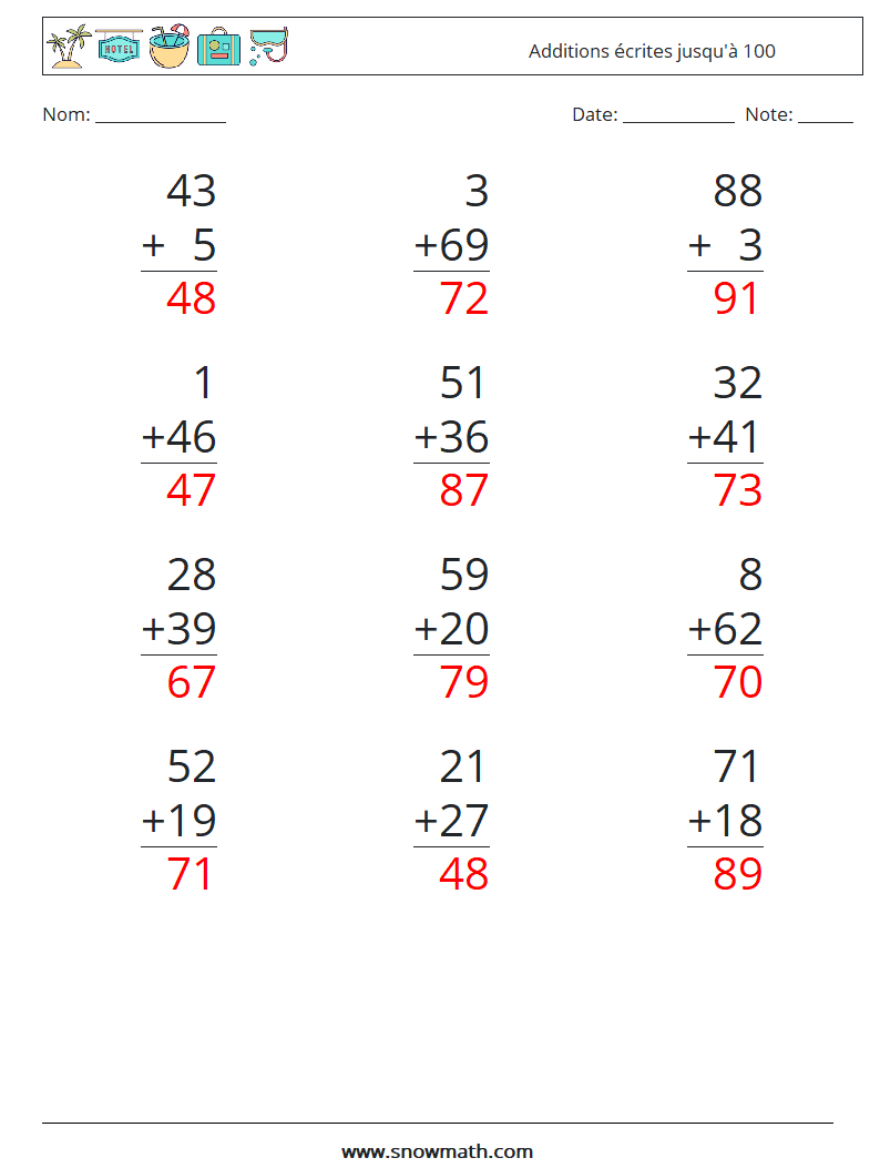 (12) Additions écrites jusqu'à 100 Fiches d'Exercices de Mathématiques 5 Question, Réponse