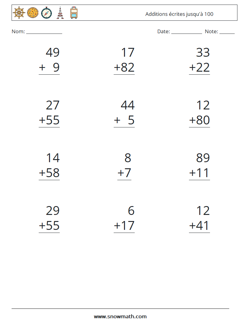 (12) Additions écrites jusqu'à 100 Fiches d'Exercices de Mathématiques 6