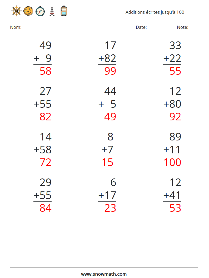 (12) Additions écrites jusqu'à 100 Fiches d'Exercices de Mathématiques 6 Question, Réponse