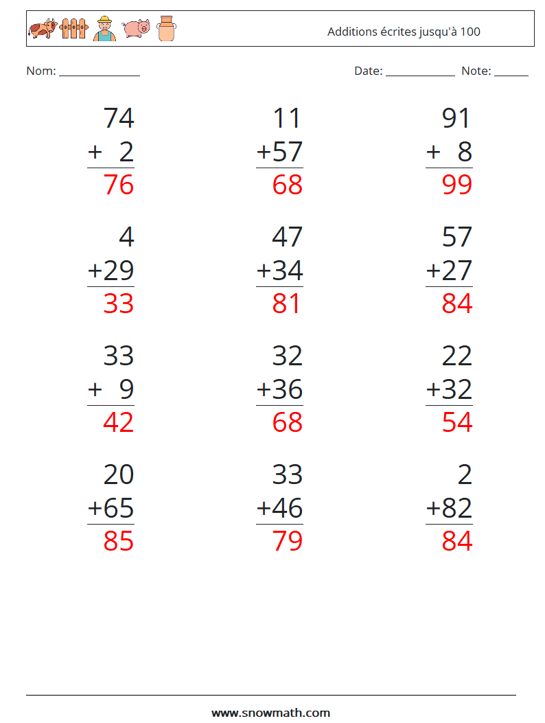 (12) Additions écrites jusqu'à 100 Fiches d'Exercices de Mathématiques 7 Question, Réponse
