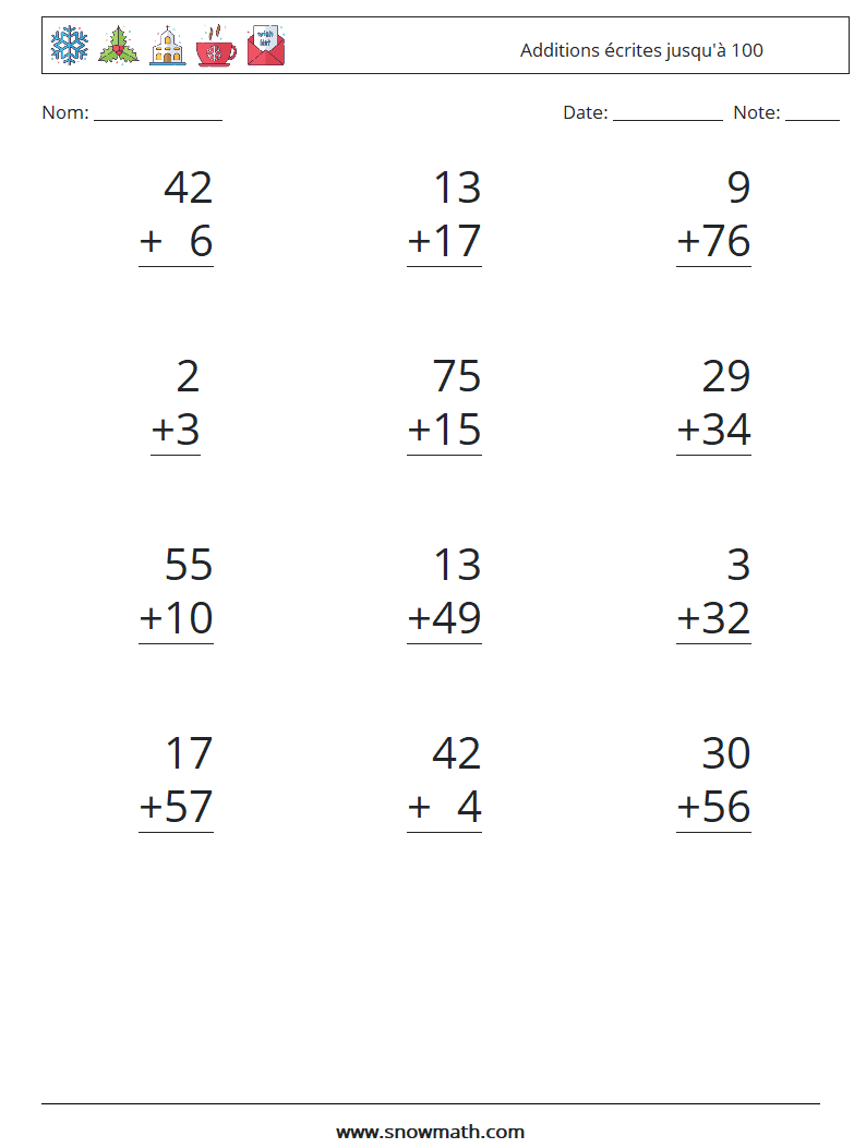 (12) Additions écrites jusqu'à 100 Fiches d'Exercices de Mathématiques 8