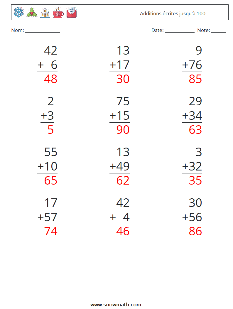 (12) Additions écrites jusqu'à 100 Fiches d'Exercices de Mathématiques 8 Question, Réponse