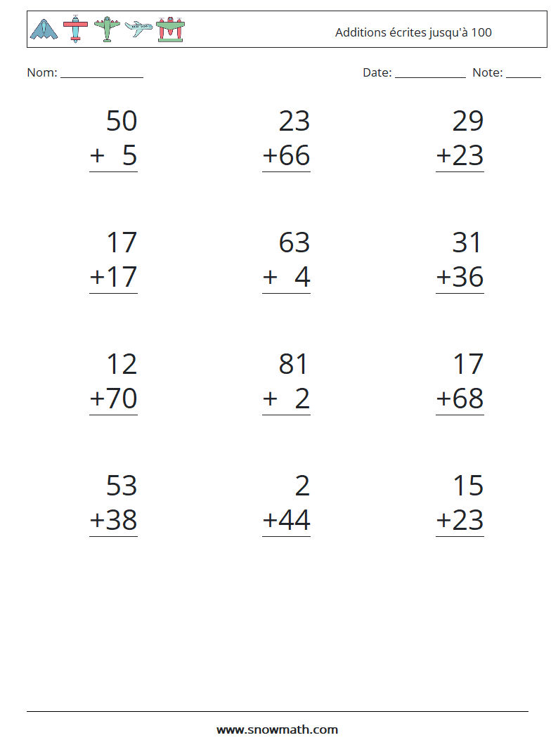 (12) Additions écrites jusqu'à 100 Fiches d'Exercices de Mathématiques 9