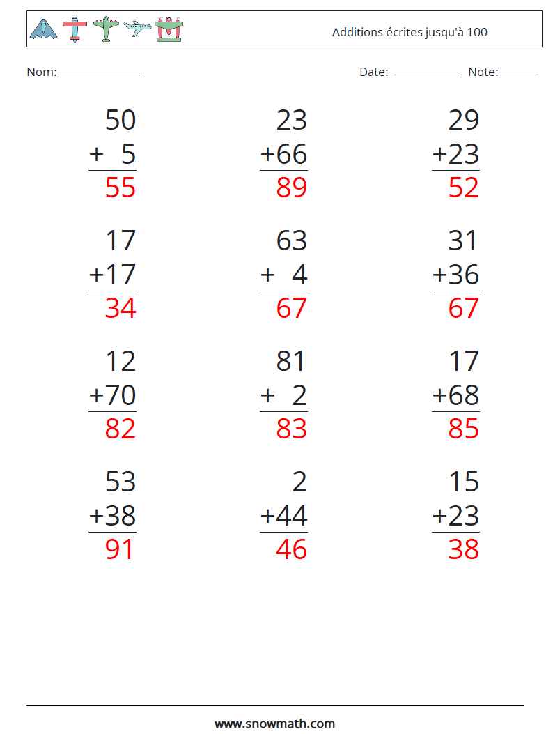 (12) Additions écrites jusqu'à 100 Fiches d'Exercices de Mathématiques 9 Question, Réponse