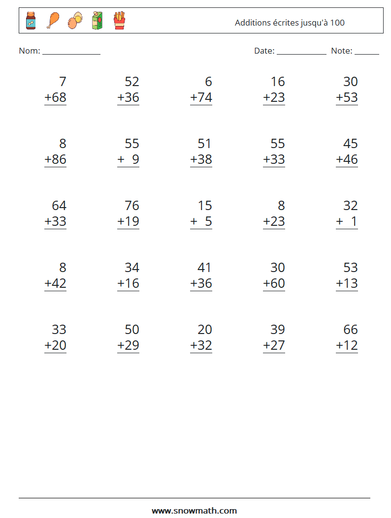 (25) Additions écrites jusqu'à 100 Fiches d'Exercices de Mathématiques 1