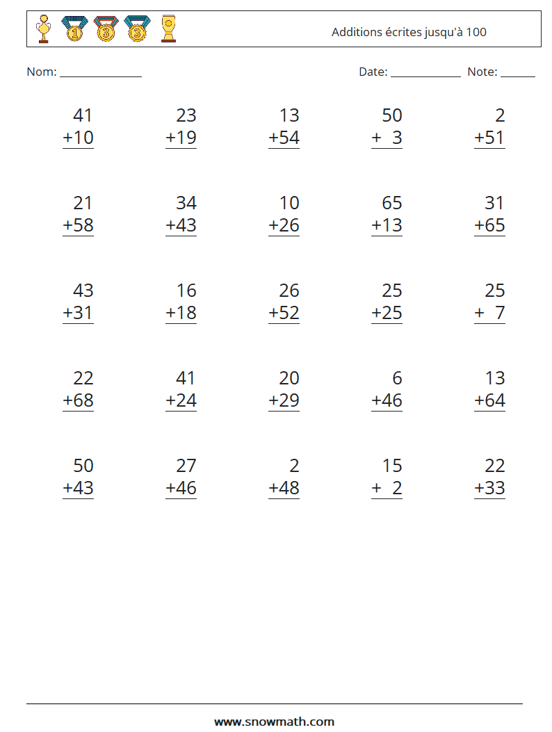 (25) Additions écrites jusqu'à 100 Fiches d'Exercices de Mathématiques 10