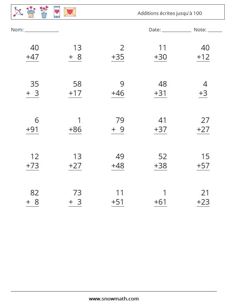 (25) Additions écrites jusqu'à 100 Fiches d'Exercices de Mathématiques 11