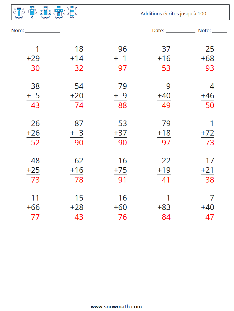 (25) Additions écrites jusqu'à 100 Fiches d'Exercices de Mathématiques 13 Question, Réponse