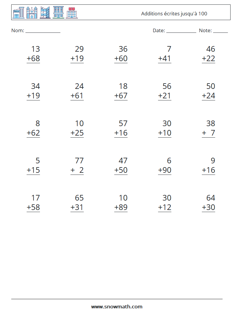 (25) Additions écrites jusqu'à 100 Fiches d'Exercices de Mathématiques 14