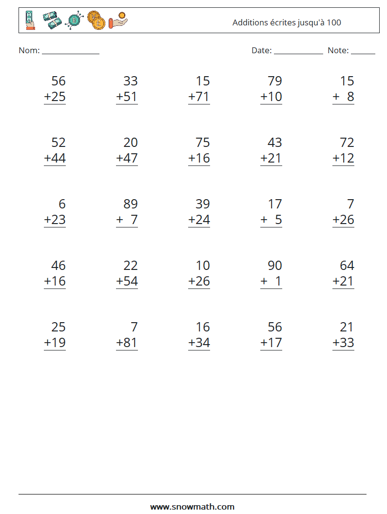 (25) Additions écrites jusqu'à 100 Fiches d'Exercices de Mathématiques 15