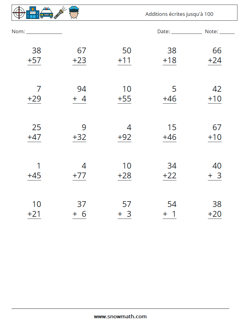 (25) Additions écrites jusqu'à 100 Fiches d'Exercices de Mathématiques 16