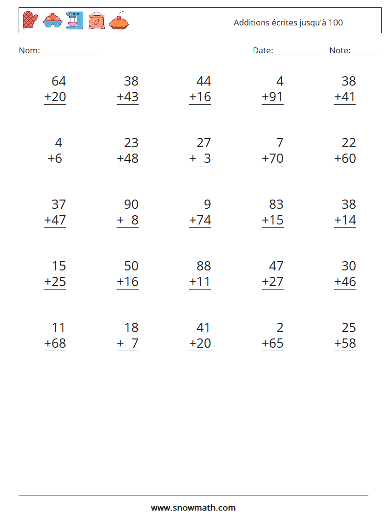 (25) Additions écrites jusqu'à 100 Fiches d'Exercices de Mathématiques 17