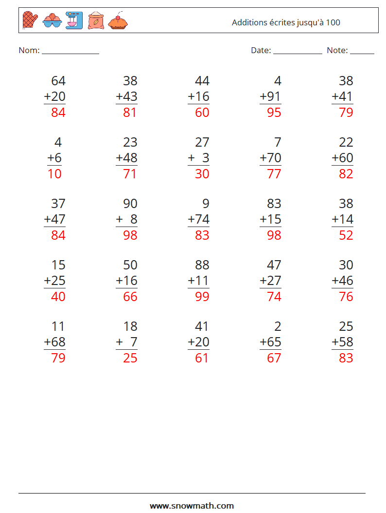 (25) Additions écrites jusqu'à 100 Fiches d'Exercices de Mathématiques 17 Question, Réponse