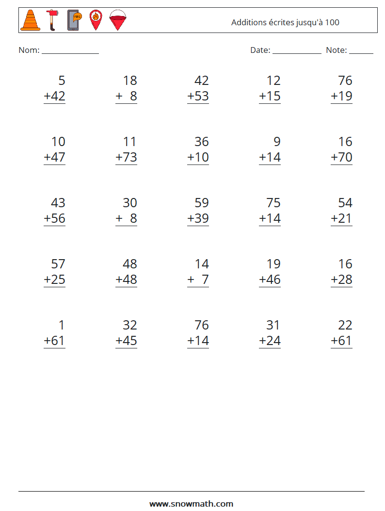 (25) Additions écrites jusqu'à 100 Fiches d'Exercices de Mathématiques 18