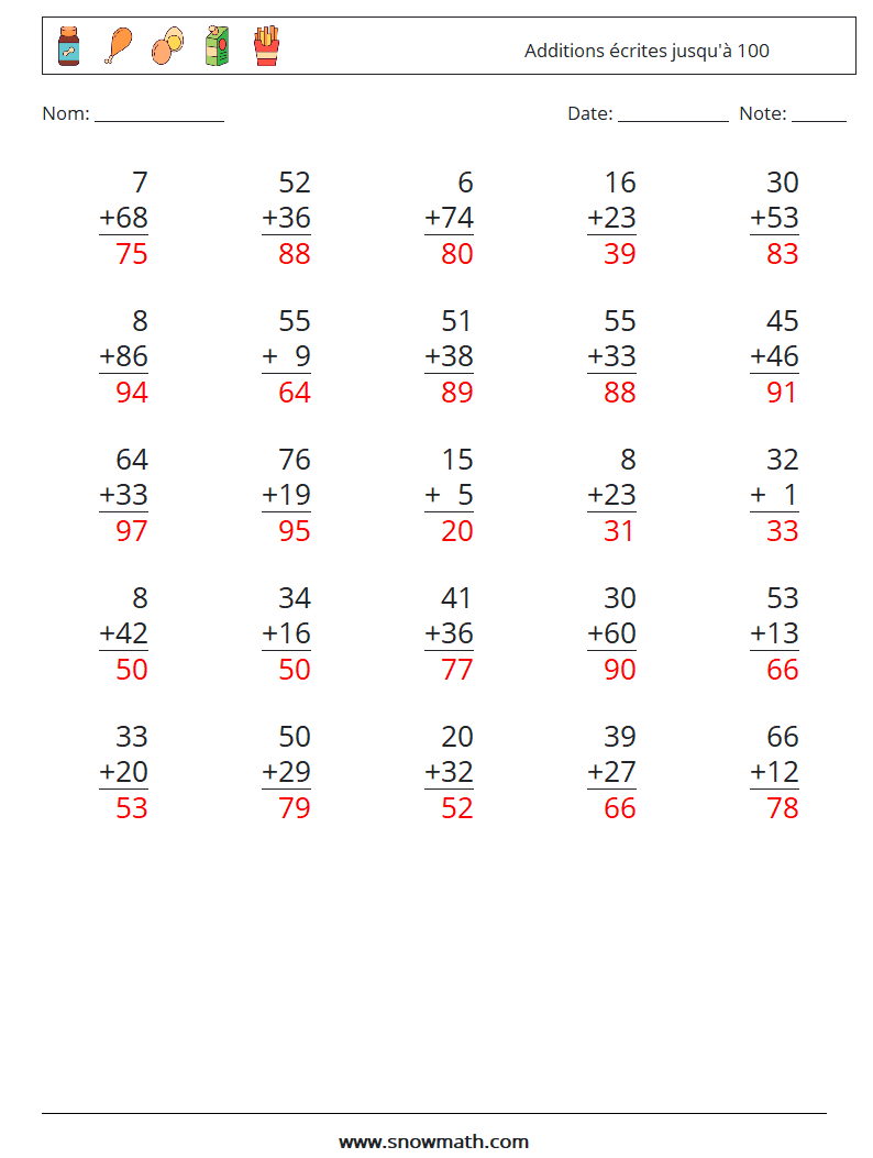 (25) Additions écrites jusqu'à 100 Fiches d'Exercices de Mathématiques 1 Question, Réponse