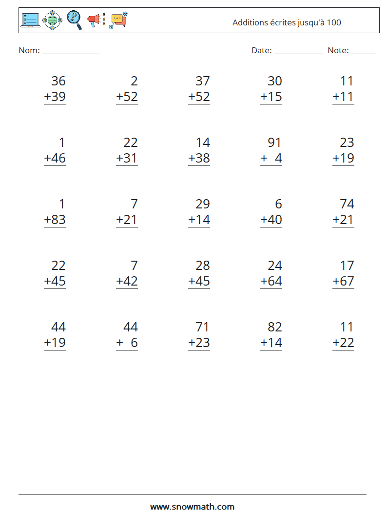 (25) Additions écrites jusqu'à 100 Fiches d'Exercices de Mathématiques 2