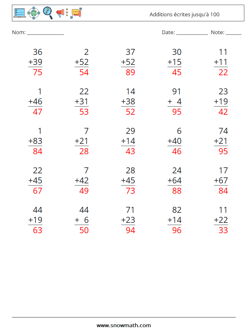 (25) Additions écrites jusqu'à 100 Fiches d'Exercices de Mathématiques 2 Question, Réponse