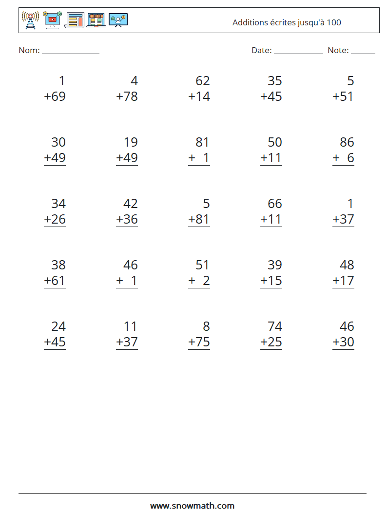 (25) Additions écrites jusqu'à 100 Fiches d'Exercices de Mathématiques 3