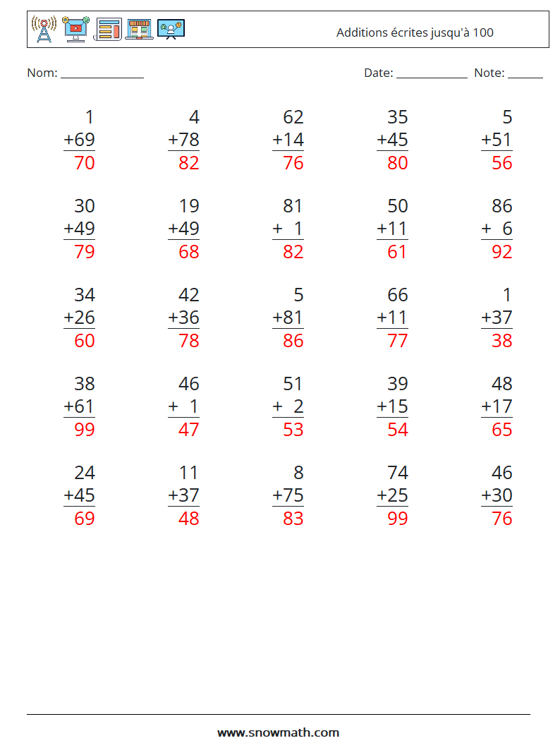 (25) Additions écrites jusqu'à 100 Fiches d'Exercices de Mathématiques 3 Question, Réponse