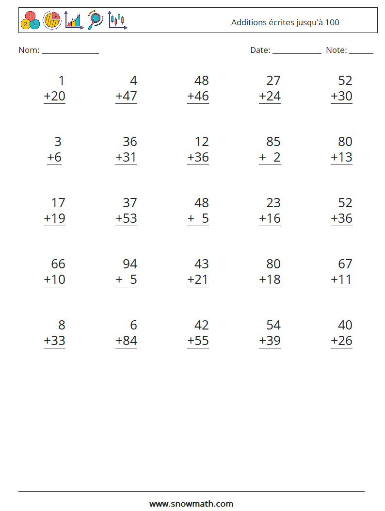 (25) Additions écrites jusqu'à 100 Fiches d'Exercices de Mathématiques 4