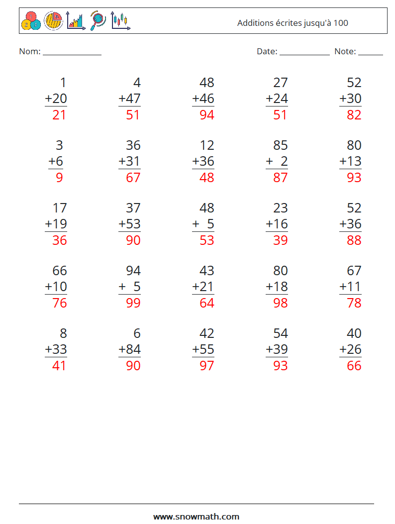 (25) Additions écrites jusqu'à 100 Fiches d'Exercices de Mathématiques 4 Question, Réponse