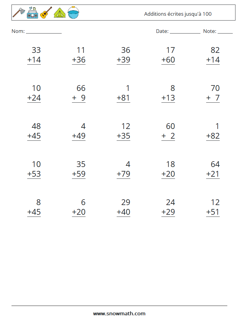 (25) Additions écrites jusqu'à 100 Fiches d'Exercices de Mathématiques 5