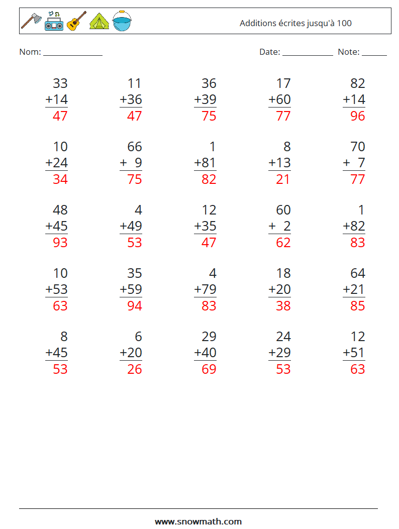 (25) Additions écrites jusqu'à 100 Fiches d'Exercices de Mathématiques 5 Question, Réponse