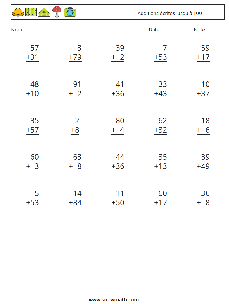 (25) Additions écrites jusqu'à 100 Fiches d'Exercices de Mathématiques 6