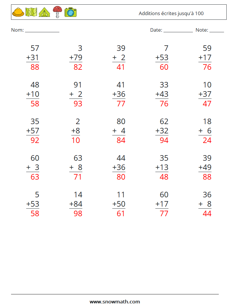 (25) Additions écrites jusqu'à 100 Fiches d'Exercices de Mathématiques 6 Question, Réponse