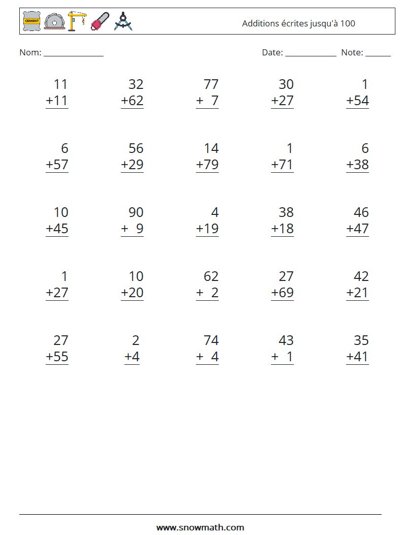 (25) Additions écrites jusqu'à 100 Fiches d'Exercices de Mathématiques 7