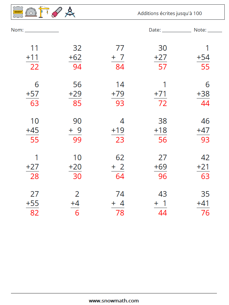 (25) Additions écrites jusqu'à 100 Fiches d'Exercices de Mathématiques 7 Question, Réponse