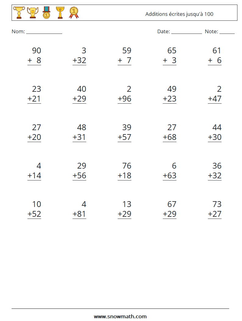 (25) Additions écrites jusqu'à 100 Fiches d'Exercices de Mathématiques 8