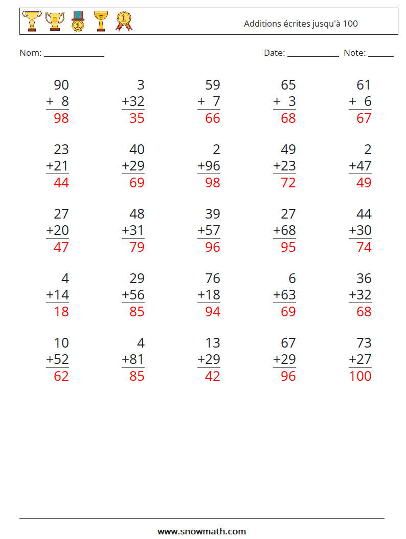 (25) Additions écrites jusqu'à 100 Fiches d'Exercices de Mathématiques 8 Question, Réponse