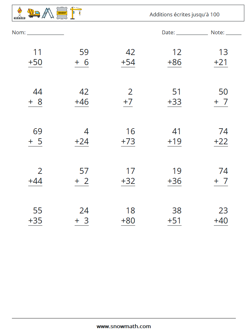 (25) Additions écrites jusqu'à 100 Fiches d'Exercices de Mathématiques 9