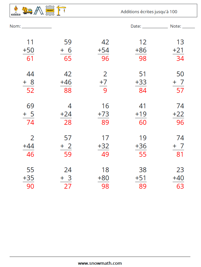 (25) Additions écrites jusqu'à 100 Fiches d'Exercices de Mathématiques 9 Question, Réponse