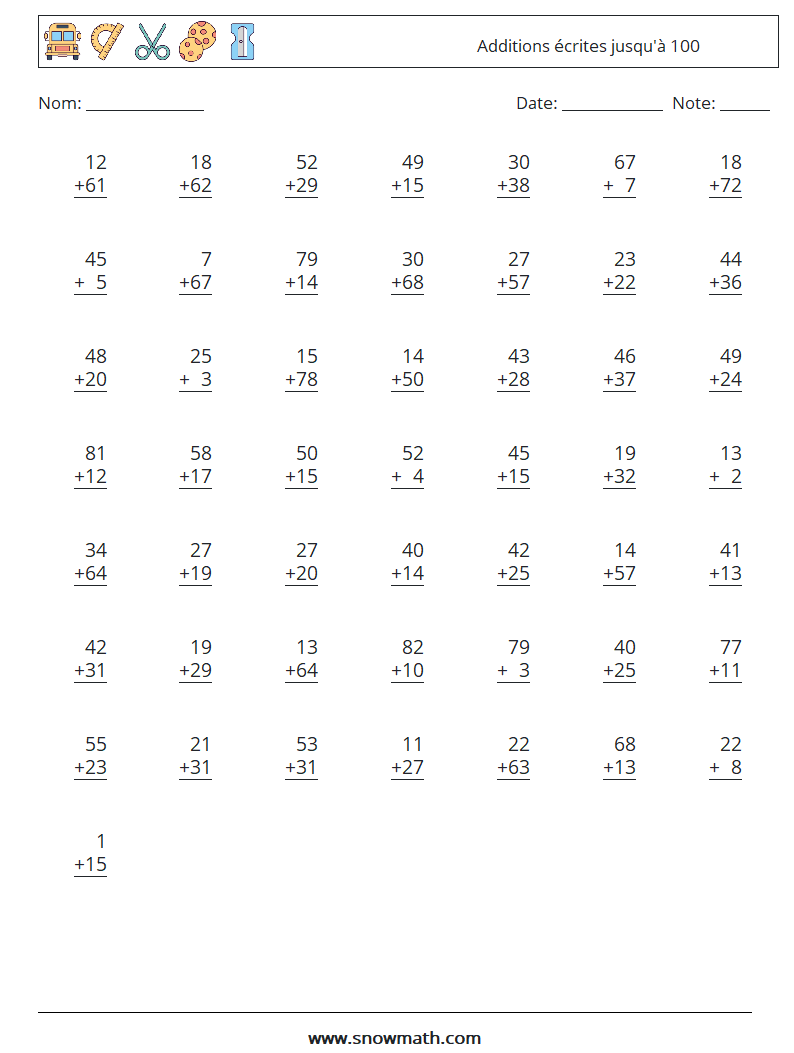 (50) Additions écrites jusqu'à 100 Fiches d'Exercices de Mathématiques 10