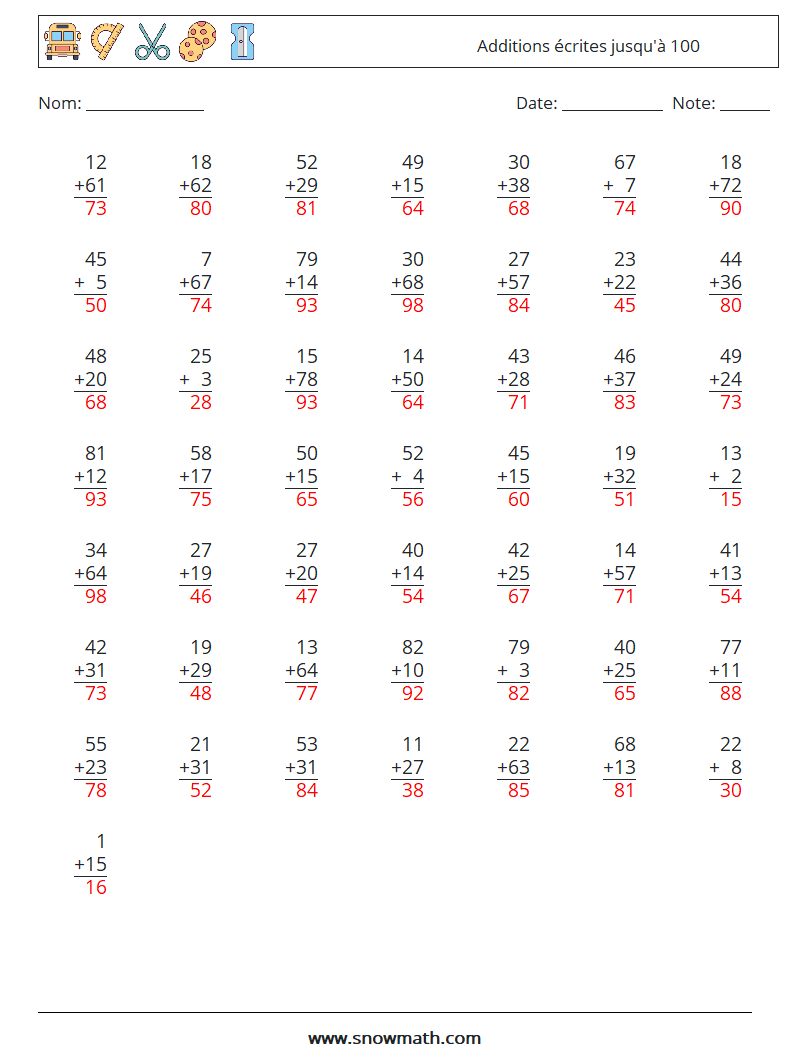 (50) Additions écrites jusqu'à 100 Fiches d'Exercices de Mathématiques 10 Question, Réponse