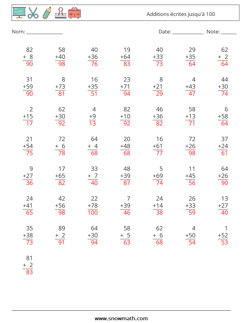 (50) Additions écrites jusqu'à 100 Fiches d'Exercices de Mathématiques 13 Question, Réponse