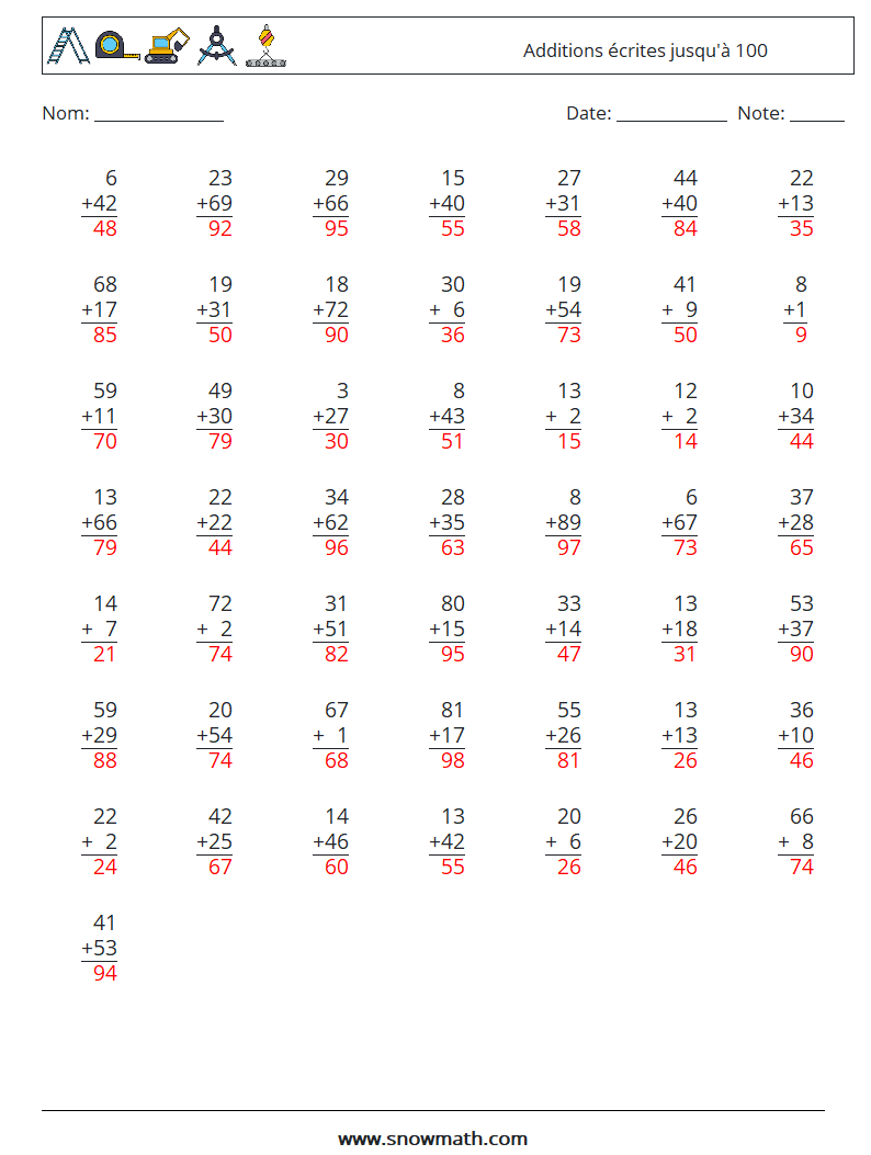 (50) Additions écrites jusqu'à 100 Fiches d'Exercices de Mathématiques 14 Question, Réponse