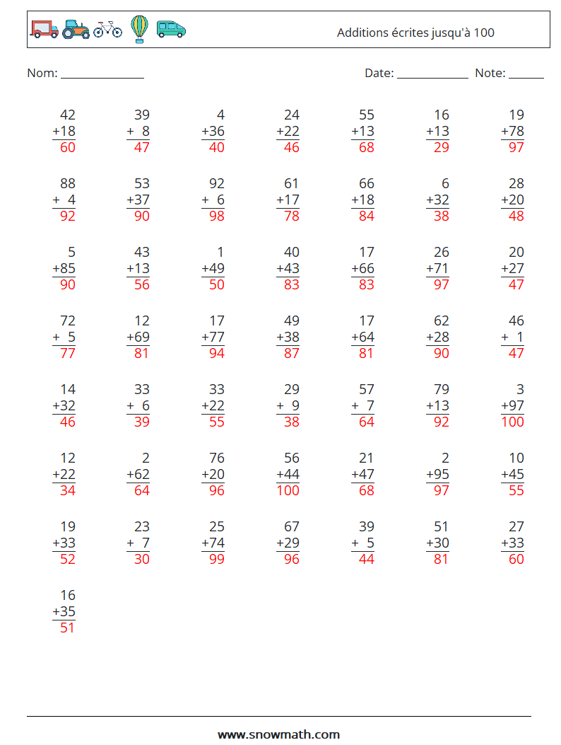 (50) Additions écrites jusqu'à 100 Fiches d'Exercices de Mathématiques 16 Question, Réponse