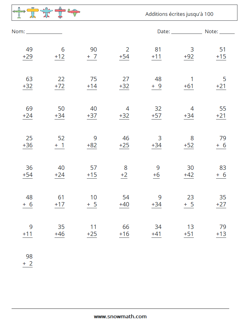 (50) Additions écrites jusqu'à 100 Fiches d'Exercices de Mathématiques 17