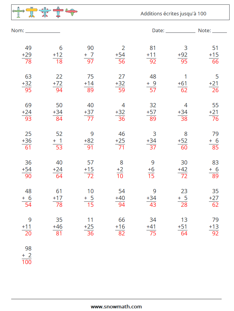 (50) Additions écrites jusqu'à 100 Fiches d'Exercices de Mathématiques 17 Question, Réponse