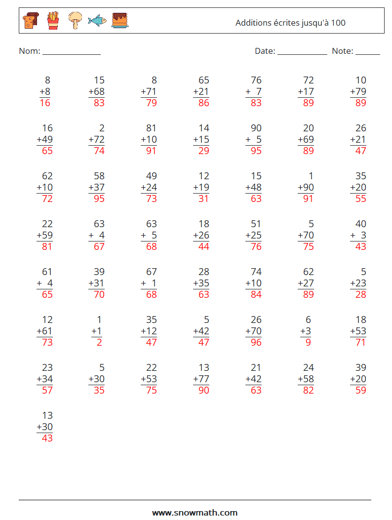 (50) Additions écrites jusqu'à 100 Fiches d'Exercices de Mathématiques 2 Question, Réponse