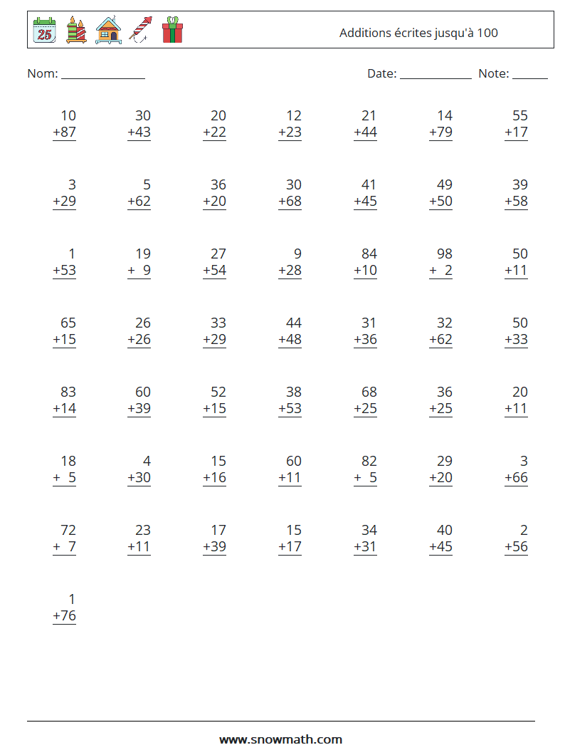 (50) Additions écrites jusqu'à 100 Fiches d'Exercices de Mathématiques 3